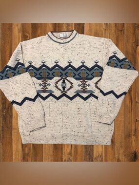 Vintage Marks & Spencer Aztec Knit Sweater Cream Speckled Crewneck Size M/L